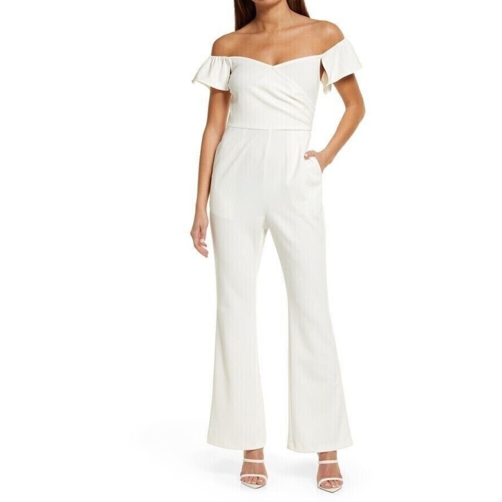 Chelsea28 Off Shoulder Jumpsuit Size L Lined Stretch Ivory Cloud NWT $99 B99